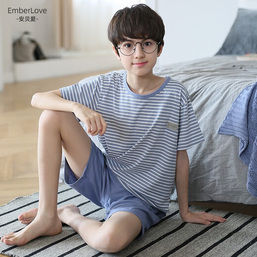 曼妮朵男童夏季薄款纯棉短袖长裤睡衣中大童男孩儿童宝宝春秋家居服套装 N9901【短长】 175 加大版XL码【135-155斤】