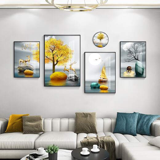 
Mohu living room decoration painting sofa background wall new mural modern simple TV background atmospheric abstract four-pair hanging painting Jinlu Nafu 15940 (including wall clock) tempered crystal porcelain combination-sturdy durable black frame