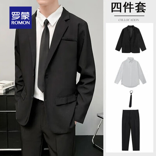 Luo Meng suit set, a complete set of new wedding performance, Korean version, casual commuting, college student interview, professional formal suit, black suit + trousers + white shirt + tie (four-piece set) M