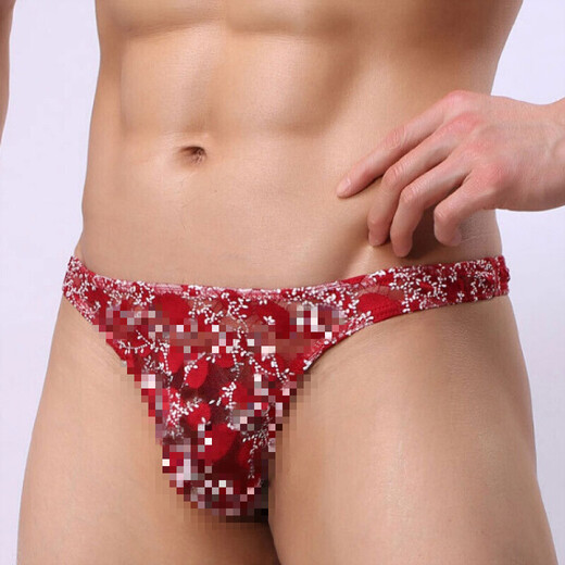 Men's lace underwear men's thong hollow breathable low-waist sexy briefs youth underwear men's sexy underwear sexy lace free sexy underwear red XL