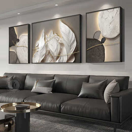 Meiyou Chunshi runs simple modern living room sofa background wall decoration painting light luxury high-end triptych painting feather hanging painting JD13796 left and right 35*50 middle 70*50 crystal porcelain aluminum alloy black frame