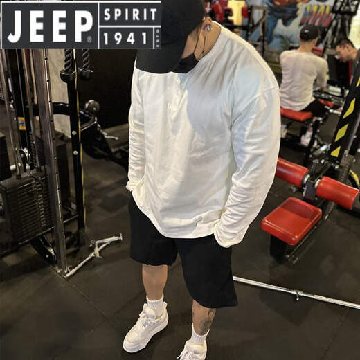 JEEP SPIRIT European and American tough guy Ami khaki American retro heavyweight shirt pure cotton Henry collar long-sleeved men's base layer shirt white 3XL 190195cm