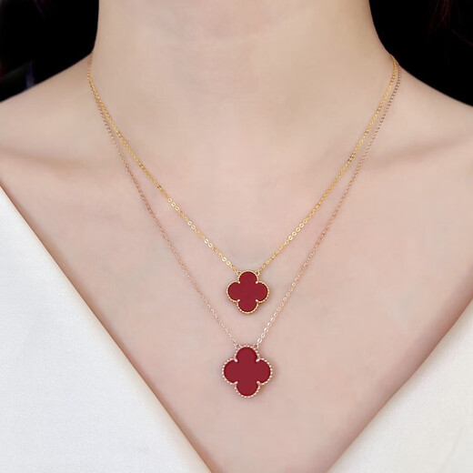 18K gold four-leaf clover necklace au750 color gold rose gold gold clavicle chain set chain birthday gift for girlfriend 18K rose gold (13mm chain set) red agate