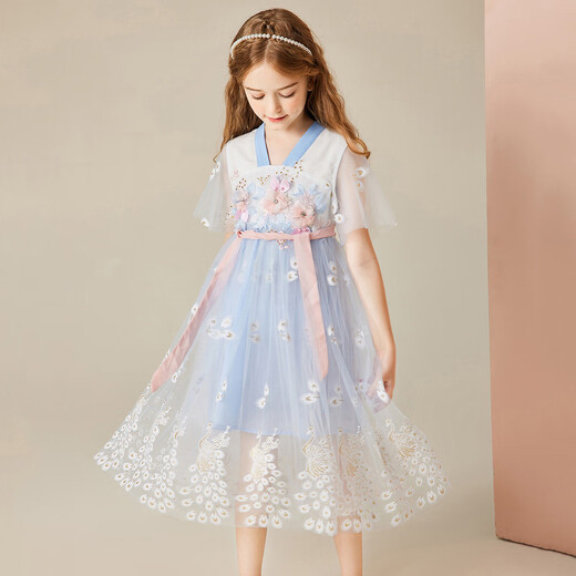 ASK JUNIOR Girls' Dress Summer Medium and Old Children's Retro Hanfu Skirt Thin Children's Short-Sleeved Mesh Princess Dress Blue