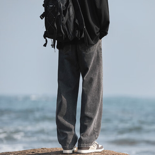 
xinshidu spring and summer American high street straight jeans men's loose wide-leg casual pants handsome retro pants men SXD838-black and gray [regular] XL code (recommended 130-150Jin [Jin equals 0.5 kg])