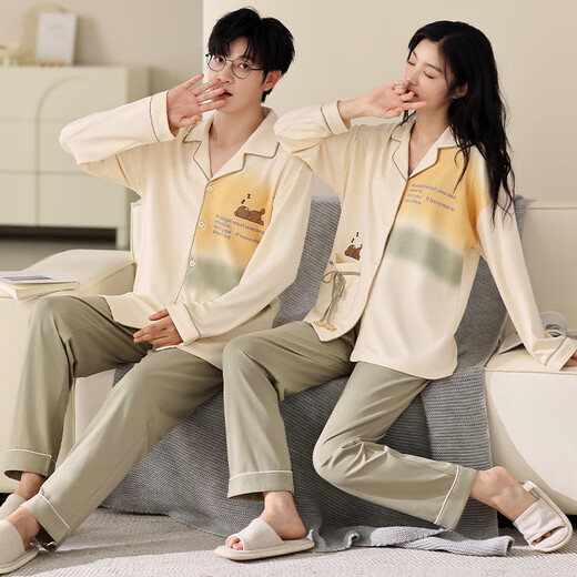 
Light and quiet pure cotton couple pajamas one man and one woman in autumn and winter long-sleeved lapels can be worn outside couples’ home clothes spring two-piece suit 983 M women + XL men