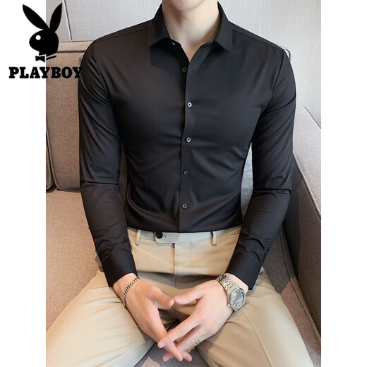 
Playboy (PLAYBOY) high-end texture-free long-sleeved shirt for men slim elastic summer and winter new style free ironing business casual men's wedding shirt white big pointed collar L (115-125Jin[Jin equals 0.5 kg])