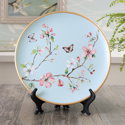 Adornos oficiales de placa de cerámica de ventas directas Tira American Country Ceramic Plate decorativo para ver la muestra de sala de estar 1047 Blue Warbler Blossom + Stand