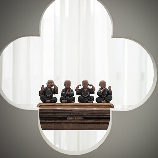 Jiuzao Chinese-style high-quality purple sand little novice tea pet ornaments Four Little Monks Zen desktop character decorations Can grow tea table ornaments Tea set accessories Tea play tea ceremony accessories Black pottery Four Little Monks set + base/ZSH