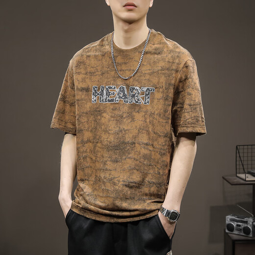 Romon American trendy short-sleeved T-shirt men's heavy loose large-size base shirt summer versatile bf style T-shirt trendy top 9925 brown T-shirt L