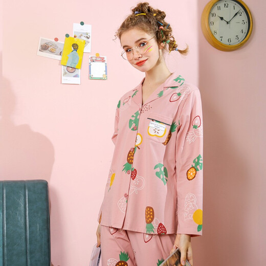 Fenton pajamas women's pure cotton new spring and autumn fruit print lapel long-sleeved cardigan home wear suit bean paste red L