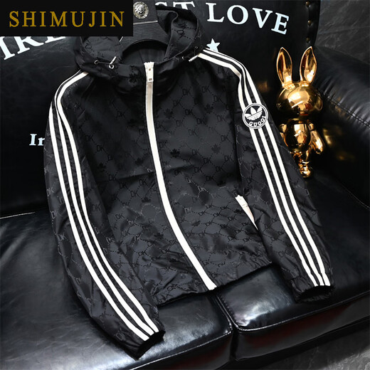 Simu Hibiscus Trendy Marke Slim Letter Jacquard Jacke Europäische Station 2024 Frühling und Herbst Neue große Größe mit Kapuzenjacke Männer 9892 Schwarz L.