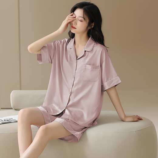 Modal Ice Silk Pyjamas für Frauen für Sommer dünne kurze Ärmel 2025 Neuer Sommer groß mit Brustpolstern für Outdoor -Verschleiß 09M16804 L