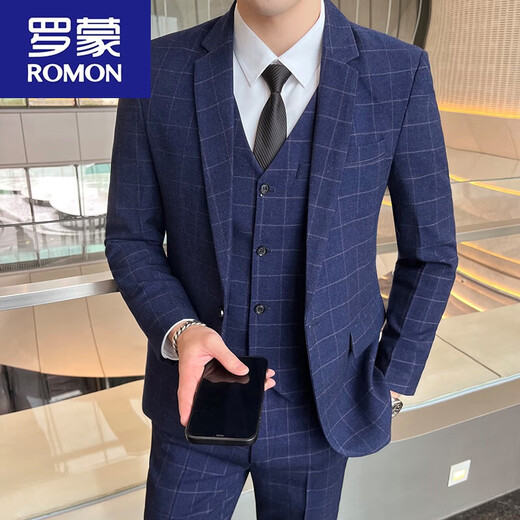 ROMON Men's Suit Korean Style Plaid Formal Casual Groom Wedding Suit Jacket Slim Groomsman Dress Blue Single Piece Suit Jacket with Tie M