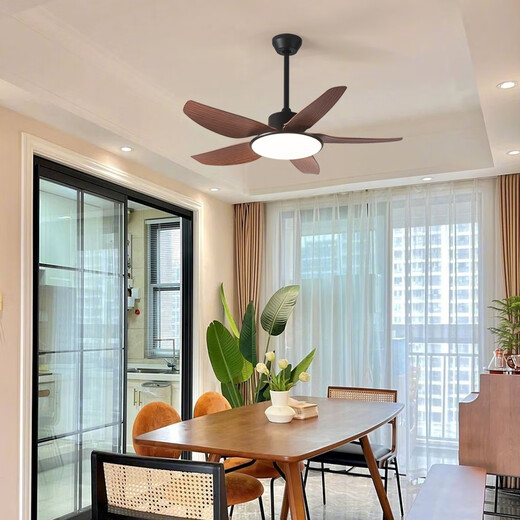 
Beautiful lamps and Guangdong Zhongshan lamps simple modern fan lamp restaurant chandeliers cream wood style dining room dining table fan chandeliers full spectrum 46-673A absorb black top dark wood grain leaves