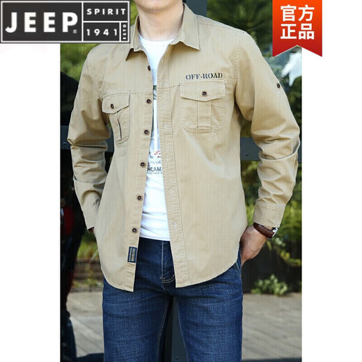 JEEP SPIRITPIRIT长袖衬衫男士春秋休闲纯棉大码宽松衬衣青年上衣薄款外套男 加绒军绿色1389 S 均码