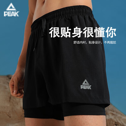 Peak swimming trunks men's swimsuit men's anti-embarrassment quick-drying boxer beach trunks double-layer hot spring seaside resort swimming trunks black L