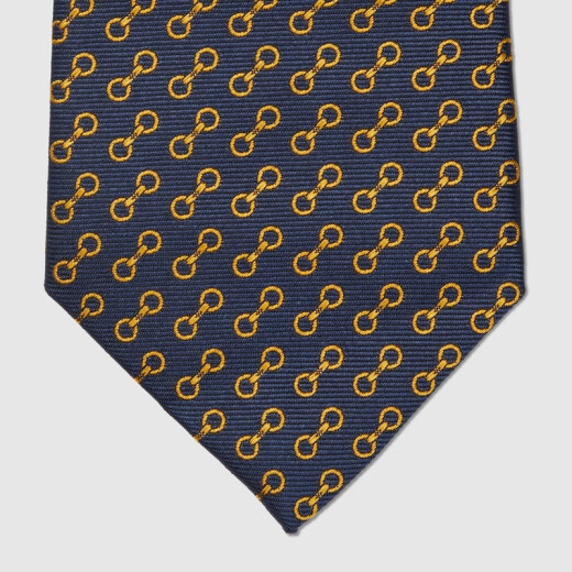 GUCCI Horsebit Mulberry Silk Jacquard Tie Blue and Yellow One Size