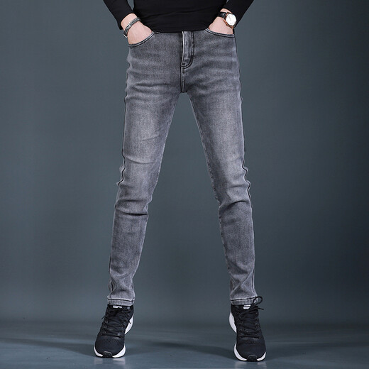 
Fan Litai autumn and winter plus velvet thickened smoke gray jeans for men slim feet fashionable casual simple men jeans long trousers QQ 1049 gray 33