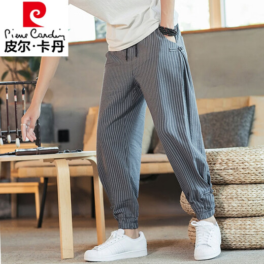 Pier Cardan Linn Pantalon Men's Men's Summer Gin Cropped Pants Ticked Feet Harem Pantalon Chinois Pantalon Men's Pants rayé Pantalon de lin en coton TRENDY MK983 BLANC 2XL (145-160JIN [Jin est égal à 0,5 kg]))
