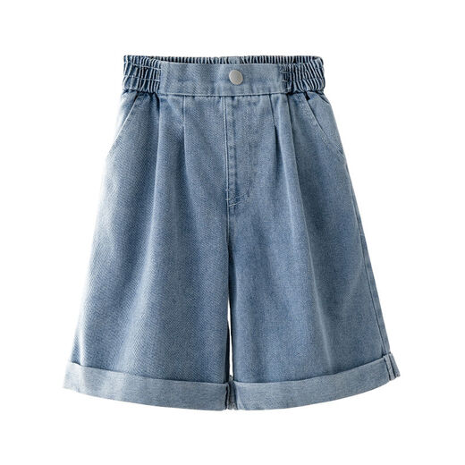 Ikano I.Karnow Girls Denim Shorts Sommer 2025 Neue Kinder mit mittlerer Hose dünne Sommer-Sommer-Outfit modische Hose außerhalb 1450 Blau + 9922 Weiß [Set] 150