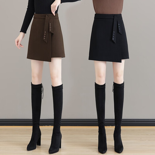 Mu Rong Irregular Woolen Skirt Women's Autumn and Winter 2025 New High-waisted Slim A-Line Skirt Slit Woolen Hip-covering Short Skirt Brown L (Recommended 100-110 Jin Jin equals 0.5 kg)