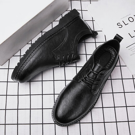 LWOK Neues Produkt Herren lässige Lederschuhe Trend Britische Männerschuhe Mode vielseitige Geschäftsschuhe tragen resistente formelle Schuhe Height-verstärkte Schuhe 9920 Black 42