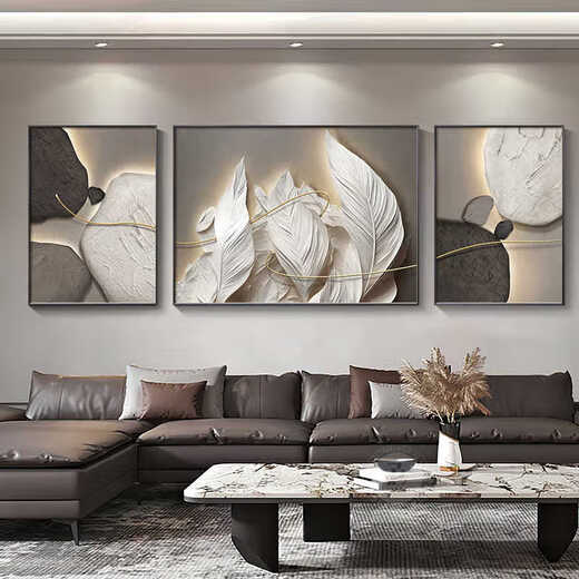 Meiyou Chunshi runs simple modern living room sofa background wall decoration painting light luxury high-end triptych painting feather hanging painting JD13796 left and right 35*50 middle 70*50 crystal porcelain aluminum alloy black frame