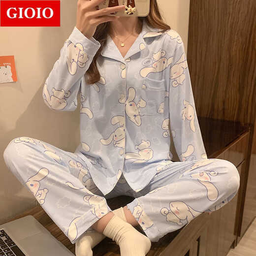 GIOIO新款ins日系卡通KT猫睡衣女学生甜美可爱长袖长裤宽松家居服套装 9227 M