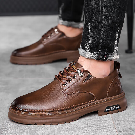 GENAI2025 New Business Casual Leather Shoes Men's Small Leather Shoes Boys Work Shoes Dad Breathable Genuine Leather Shoes Men's Shoes Brown Genuine Cowhide + Online + Wear-Resistant Thick Bottom 41 (255mm)