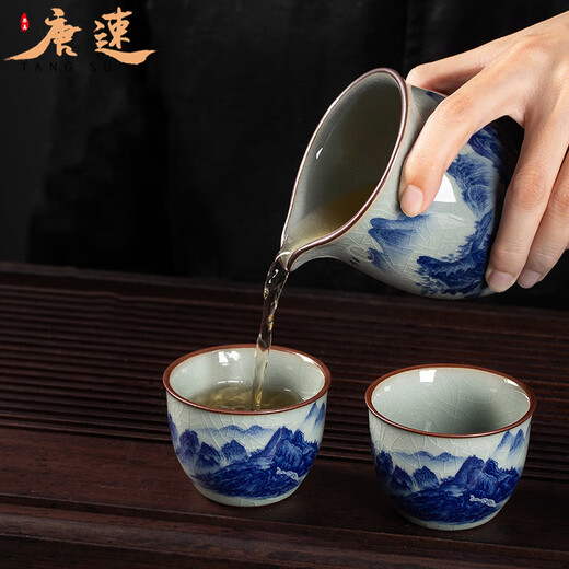 Tangsu Jingdezhen blue and white porcelain Kung Fu tea set household ceramic Qianli Jiangshan teapot teacup lid bowl gift box Panzhilian-17 heads + Six Gentlemen 1 piece