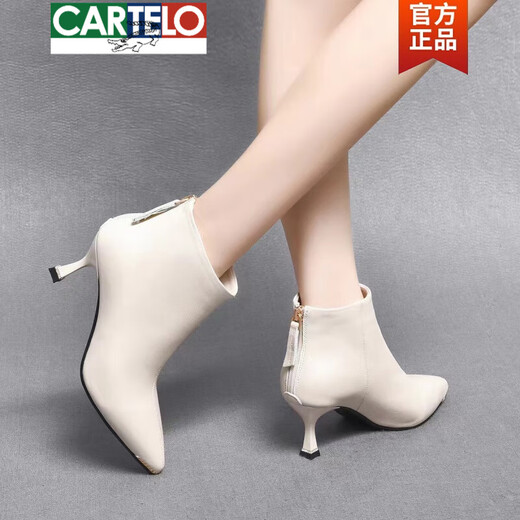 CARTELO 2025 new autumn and winter thin heel leather short boots full cowhide pointed high heels women's small heel Martin boots spring single boots black-single 34