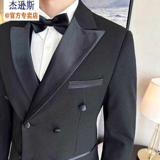 Jason's high-end double-breasted suit, groom's suit, gentleman's business formal suit, tuxedo host banquet dress, black (suit + pants) 2XL