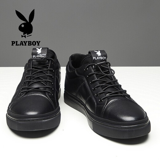 Playboy casual leather shoes men's new lightweight breathable first layer cowhide sneakers soft sole soft surface wear-resistant elastic band men's single shoes black 42