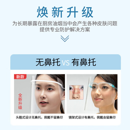 Transparent protective visor, double-sided anti-fog, anti-oil fume mask, anti-splash, anti-scald, set of blue frames