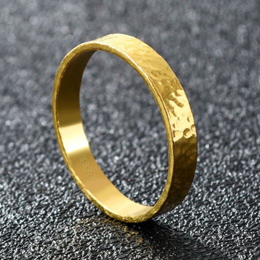 Craftsman gold ring for men and women 999 solid gold hammer pattern simple ring couple style tail ring wedding ring gift can be engraved No. 20 gold weight about 4 grams face width about 3.5mm