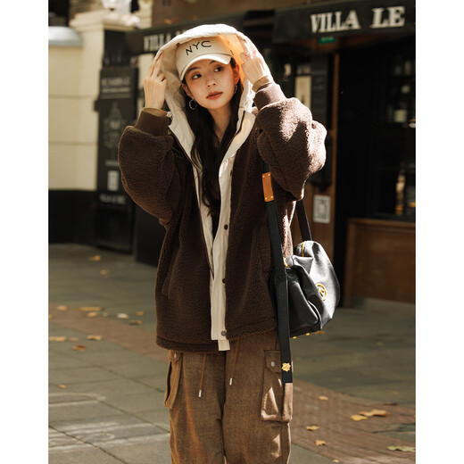 Demana Maillard Fleece Jacket Hooded Faux Shearling Warm Jacket for Women Brick Brown S