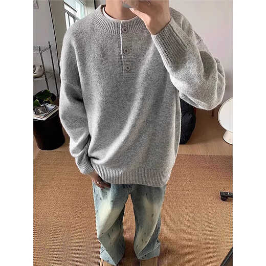 Shelley Jones Gray American Henley Collar Sweater Men's Autumn and Winter Premium Lazy Style Bottoming Sweater Cleanfit Jacket Light Gray XL Recommended 125-145 Jin Jin equals 0.5 kg