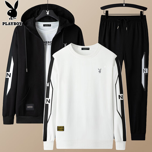 Playboy (PLAYBOY) sweatshirt men's suit men's autumn and winter long-sleeved T-shirt men's jacket men's tops trendy three-piece set black gray XL