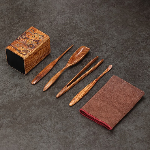 Jiutang Kungfu tea set accessories ebony solid wood tea ceremony Liujunzi tea single cylinder set tea making tools tea clip spoon needle set Huanghuali-lotus leaf fish carved square Liujunzi