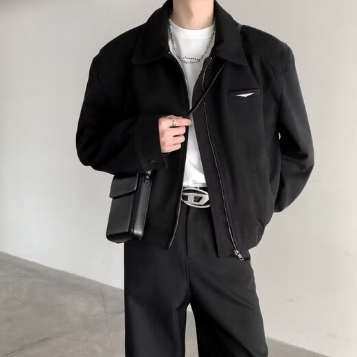 Huafeng Yino short jacket men's spring and autumn American handsome shoulder pad jacket high-end black cleanfit lapel baseball uniform black XL 120-140Jin [Jin equals 0.5 kg]