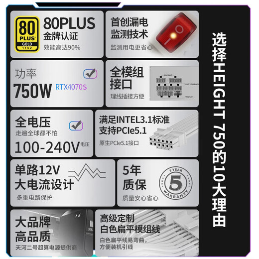 Great Wall Liejin H Series Gold Medal Full Module Desktop Host Desktop Computer Power Supply Leakage Monitoring/Single 12V/Full Voltage/Automatic Start and Stop ATX3.1 H7 750W Gold Medal Full Module/White