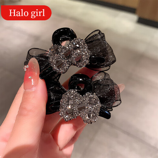 HALO GIRL2024 New Niche Bow Clip for Female Internet Celebrities with Diamond Side Bangs Broken Hair Clip Temperament Shark Clip Headdress Black Clip (2 Pack)