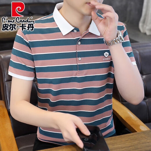 皮尔卡丹（pierre cardin）条纹POLO.衫男士t恤短袖2024夏季青年男装纯棉半袖翻领体恤衫 TX9902咖白 【凉感冰丝棉】 XL (125-135斤)