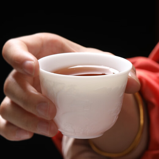 MULTIPOTENT complete tea set mutton fat jade Chinese white relief splendid mountain and river covered bowl 6 cup set gift box gift set