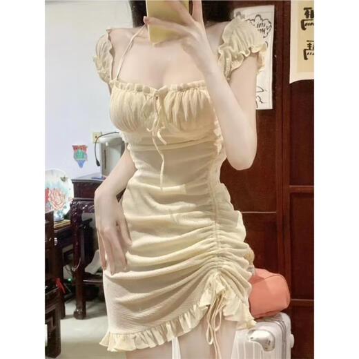 欲动夜场性感女装显瘦夜店性感连衣裙洗浴按摩短裙连衣裙技师工作服 如图杏色 L码（110-120斤）