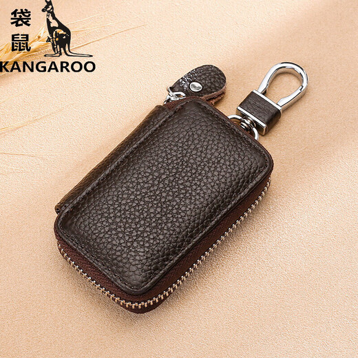 Kangaroo (KANGAROO) large capacity zipper key bag for men's waist-hung real cowhide women's general vehicle multi-function household key bag small wine red