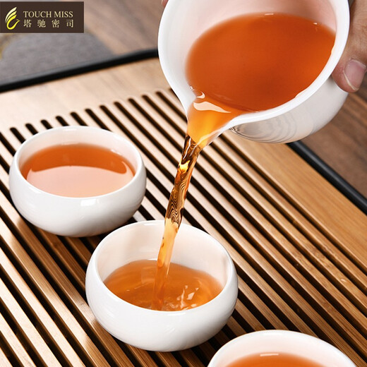 Touchmiss travel tea set portable bag outdoor storage Chinese style mutton-fat jade white porcelain tea cup teapot gift gift mutton-fat jade porcelain Xishi pot six cups with six gentlemen + rectangular black tea tray