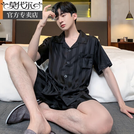 莫代尔睡衣男士夏季冰丝短袖薄款夏天黑色冰丝夏款可外穿家居服套装 【冰丝】S1381男 L