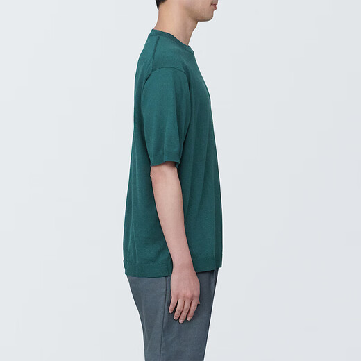 无印良品（MUJI） 男式 防紫外线麻混圆领短袖毛衣男款针织衫 硬核防晒AA0QGA4S 深绿色 XL 180/104A
